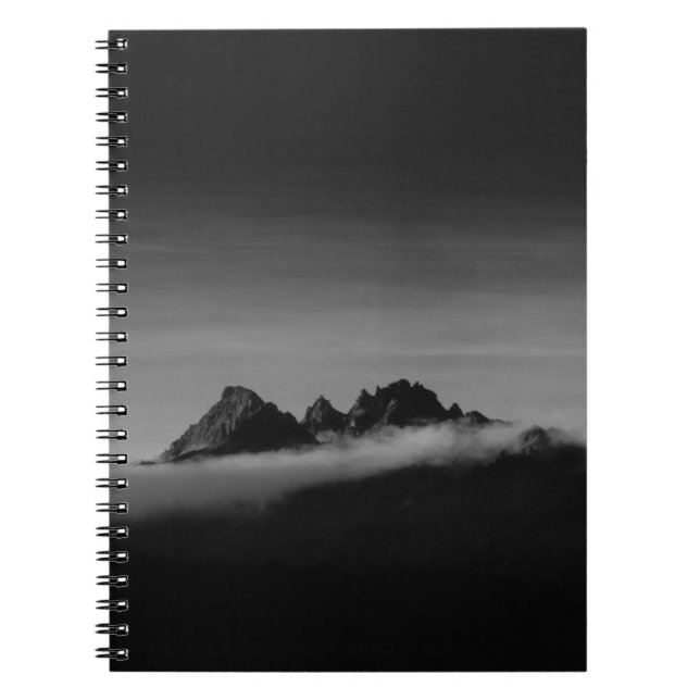 GRAYSCALE PHOTO OF MOUNTAIN COVERED WITH CLOUDS NOTEBOOK (Front)
