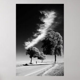 GRAYSCALE PHOTO OF PERSON ON ROAD BETWEEN TREES POSTER