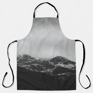 GRAYSCALE PHOTO OF SNOW COVERED MOUNTAIN APRON