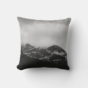 GRAYSCALE PHOTO OF SNOW COVERED MOUNTAIN CUSHION
