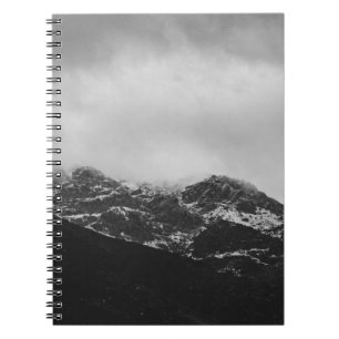 GRAYSCALE PHOTO OF SNOW COVERED MOUNTAIN NOTEBOOK