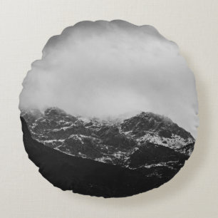 GRAYSCALE PHOTO OF SNOW COVERED MOUNTAIN ROUND CUSHION