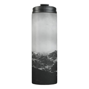 GRAYSCALE PHOTO OF SNOW COVERED MOUNTAIN THERMAL TUMBLER