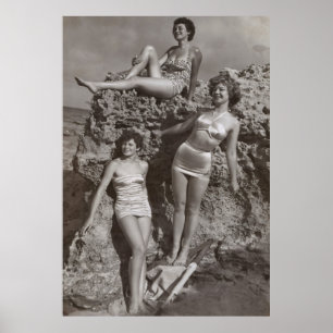 GRAYSCALE PHOTO OF THREE WOMEN STANDING AND SITTIN POSTER