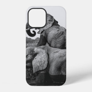 GRAYSCALE PHOTO OF TWO ELEPHANTS ON BODY OF WATER iPhone 12 CASE