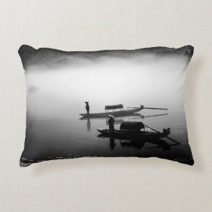GRAYSCALE PHOTO OF TWO ROW BOATS DECORATIVE CUSHION