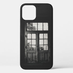 GRAYSCALE PHOTO OF WOODEN FRAMED CLEAR GLASS DOOR iPhone 12 CASE