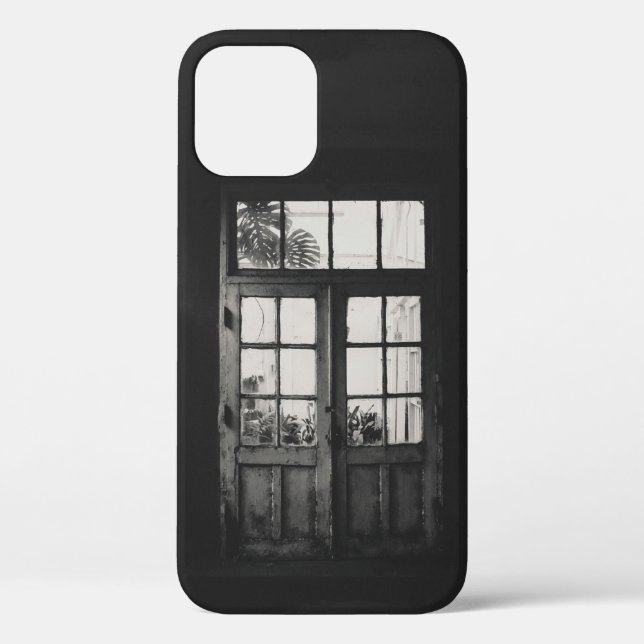 GRAYSCALE PHOTO OF WOODEN FRAMED CLEAR GLASS DOOR Case-Mate iPhone CASE (Back)