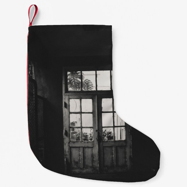 GRAYSCALE PHOTO OF WOODEN FRAMED CLEAR GLASS DOOR SMALL CHRISTMAS STOCKING (Front)