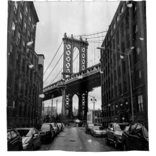GRAYSCALE PHOTOGRAPHY OF BROOKLYN BRIDGE SHOWER CURTAIN