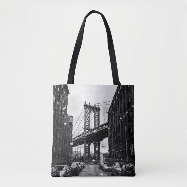 GRAYSCALE PHOTOGRAPHY OF BROOKLYN BRIDGE TOTE BAG (Front)