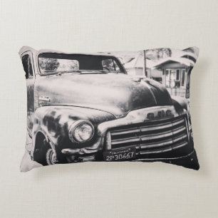GRAYSCALE PHOTOGRAPHY OF CAR DECORATIVE CUSHION