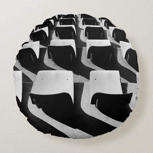 Grayscale photography of chairs with no people round cushion (Front)