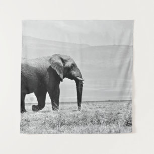 GRAYSCALE PHOTOGRAPHY OF ELEPHANT TAPESTRY