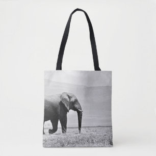 GRAYSCALE PHOTOGRAPHY OF ELEPHANT TOTE BAG