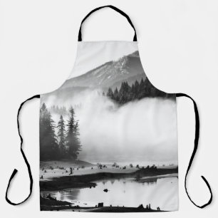 GRAYSCALE PHOTOGRAPHY OF LAKE NEAR PINE TREES APRON