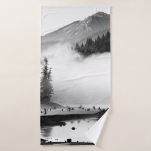 GRAYSCALE PHOTOGRAPHY OF LAKE NEAR PINE TREES BATH TOWEL