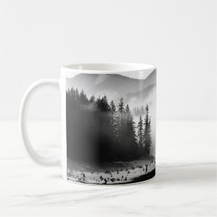 GRAYSCALE PHOTOGRAPHY OF LAKE NEAR PINE TREES COFFEE MUG