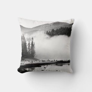 GRAYSCALE PHOTOGRAPHY OF LAKE NEAR PINE TREES CUSHION