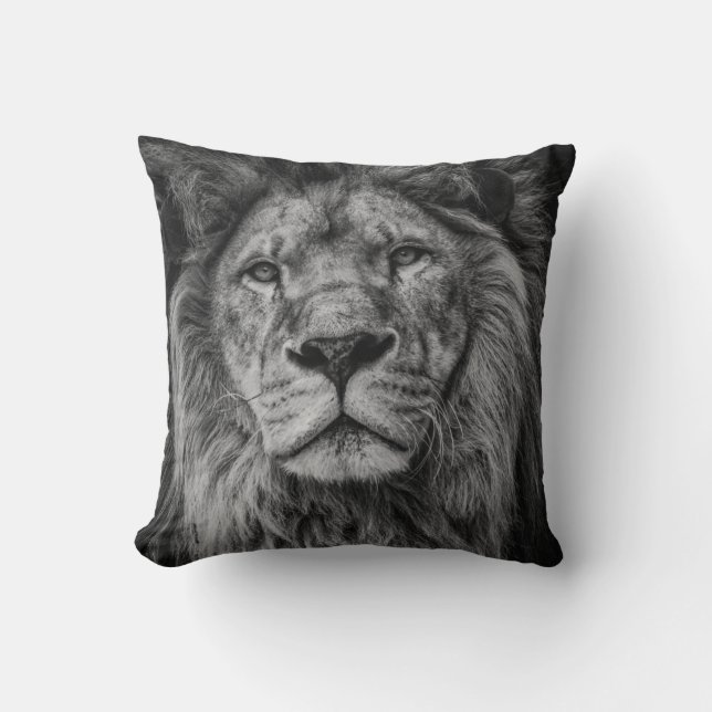 GRAYSCALE PHOTOGRAPHY OF LION CUSHION (Front)