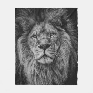 GRAYSCALE PHOTOGRAPHY OF LION FLEECE BLANKET