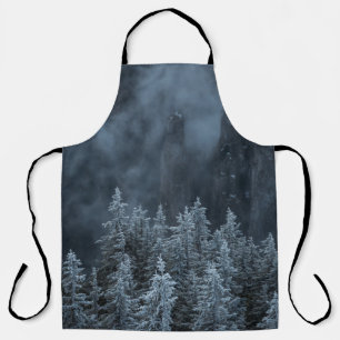 GRAYSCALE PHOTOGRAPHY OF MOUNTAIN AND TREES COVERE APRON