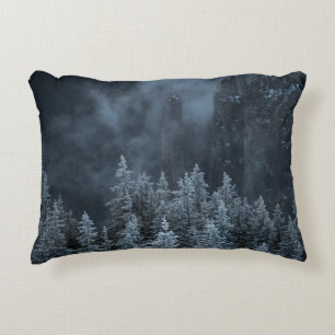 GRAYSCALE PHOTOGRAPHY OF MOUNTAIN AND TREES COVERE DECORATIVE CUSHION