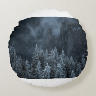 GRAYSCALE PHOTOGRAPHY OF MOUNTAIN AND TREES COVERE ROUND CUSHION