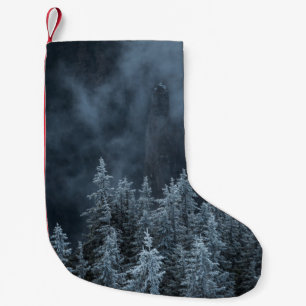 GRAYSCALE PHOTOGRAPHY OF MOUNTAIN AND TREES COVERE SMALL CHRISTMAS STOCKING