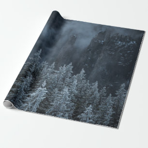 GRAYSCALE PHOTOGRAPHY OF MOUNTAIN AND TREES COVERE WRAPPING PAPER
