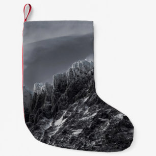GRAYSCALE PHOTOGRAPHY OF MOUNTAIN SMALL CHRISTMAS STOCKING