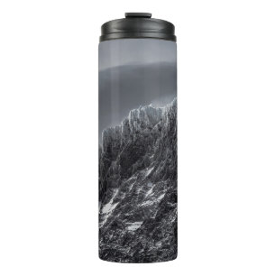 GRAYSCALE PHOTOGRAPHY OF MOUNTAIN THERMAL TUMBLER