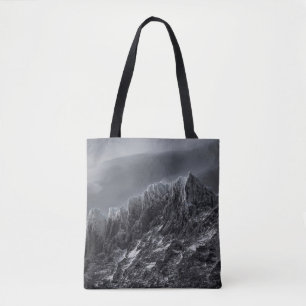 GRAYSCALE PHOTOGRAPHY OF MOUNTAIN TOTE BAG