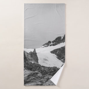 GRAYSCALE PHOTOGRAPHY OF SNOW COVER MOUNTAIN BATH TOWEL