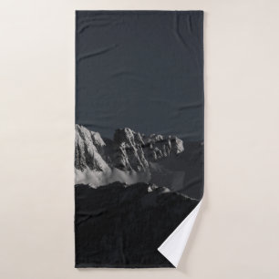 GRAYSCALE PHOTOGRAPHY OF SNOW MOUNTAIN BATH TOWEL