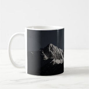 GRAYSCALE PHOTOGRAPHY OF SNOW MOUNTAIN COFFEE MUG