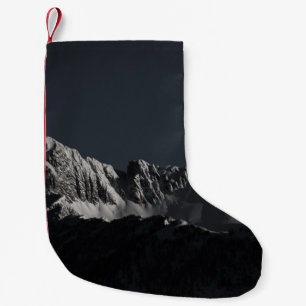 GRAYSCALE PHOTOGRAPHY OF SNOW MOUNTAIN SMALL CHRISTMAS STOCKING