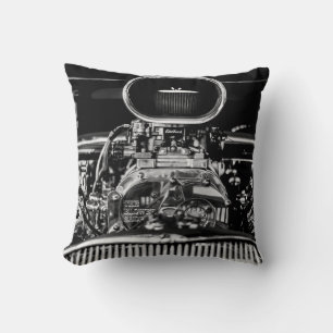GRAYSCALE PHOTOGRAPHY OF VINTAGE CAR ENGINE CUSHION