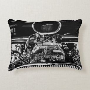 GRAYSCALE PHOTOGRAPHY OF VINTAGE CAR ENGINE DECORATIVE CUSHION