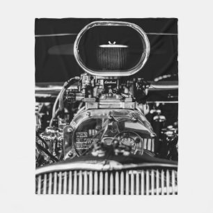 GRAYSCALE PHOTOGRAPHY OF VINTAGE CAR ENGINE FLEECE BLANKET