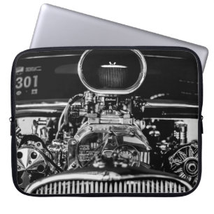 GRAYSCALE PHOTOGRAPHY OF VINTAGE CAR ENGINE LAPTOP SLEEVE