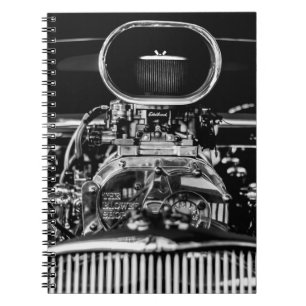 GRAYSCALE PHOTOGRAPHY OF VINTAGE CAR ENGINE NOTEBOOK