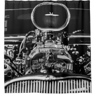 GRAYSCALE PHOTOGRAPHY OF VINTAGE CAR ENGINE SHOWER CURTAIN