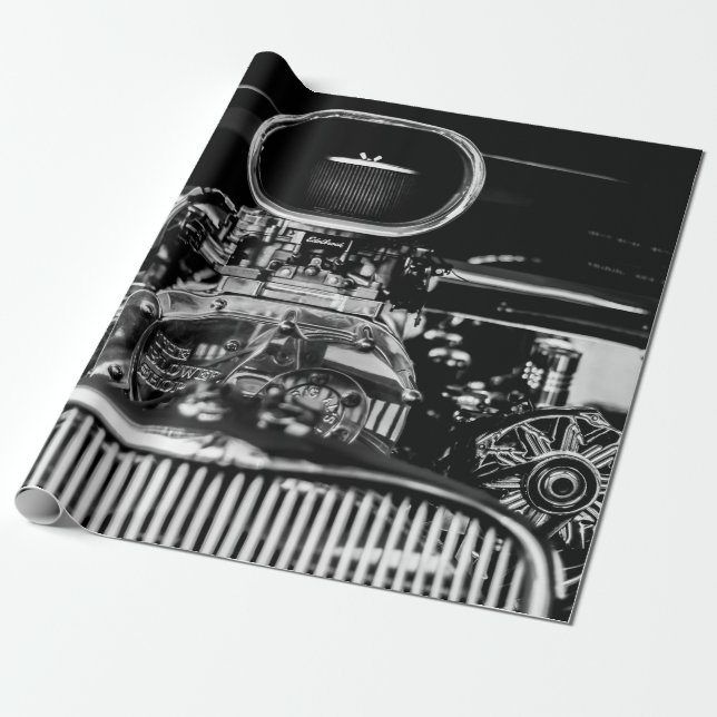 GRAYSCALE PHOTOGRAPHY OF VINTAGE CAR ENGINE WRAPPING PAPER (Unrolled)