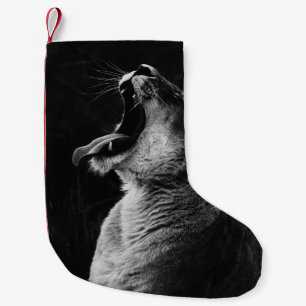 GRAYSCALE PHOTOGRAPHY OF YAWNING LIONESS SMALL CHRISTMAS STOCKING
