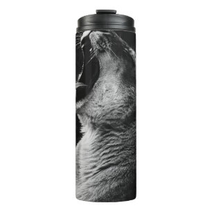 GRAYSCALE PHOTOGRAPHY OF YAWNING LIONESS THERMAL TUMBLER