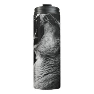 GRAYSCALE PHOTOGRAPHY OF YAWNING LIONESS THERMAL TUMBLER