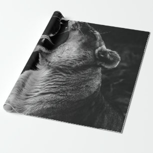 GRAYSCALE PHOTOGRAPHY OF YAWNING LIONESS WRAPPING PAPER
