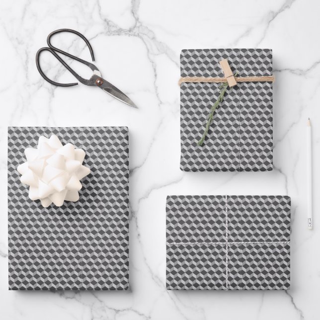 Grayscale Rhombille Tiling Wrapping Paper Sheets (Front)