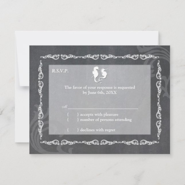 Grayscale Seahorse Beach Wedding RSVP Card (Front)